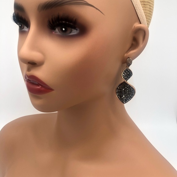 Twist Gold Grey Rhinestone Abstract Earrings Art Deco - Picture 4 of 5